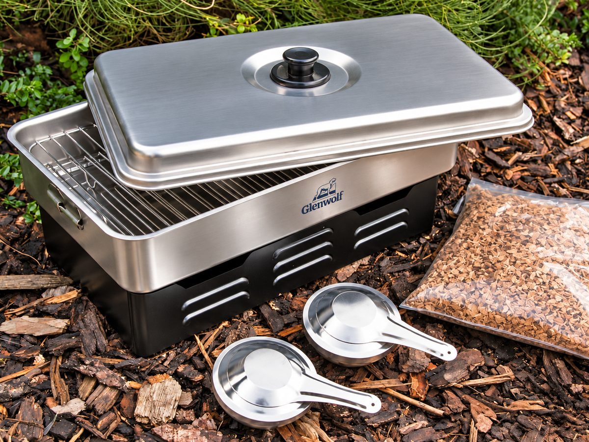 Glenwolf stainless steel portable smoker with lid, rack, fuel trays and wood chips, set on bark outdoors